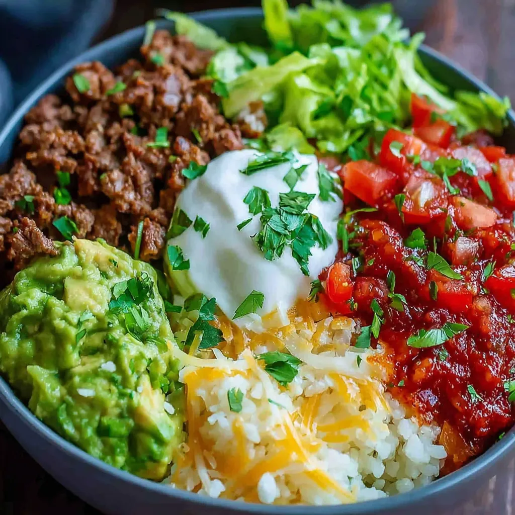 Low carb burrito bowl with ground chicken, cauliflower rice, avocado, salsa, sour cream, shredded cheese, romaine lettuce, and fresh cilantro