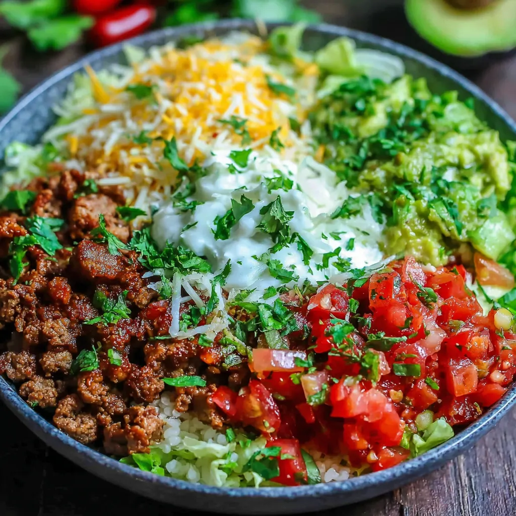 Low carb burrito bowl with ground chicken, cauliflower rice, avocado, salsa, sour cream, shredded cheese, and fresh cilantro