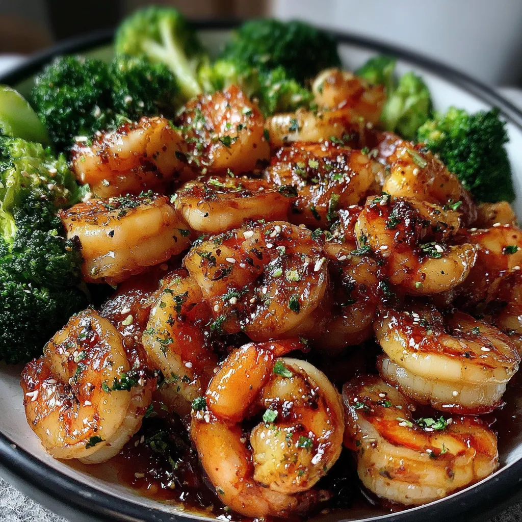 Honey garlic shrimp with broccoli coated in glossy sauce, served in a bowl and sprinkled with sesame seeds