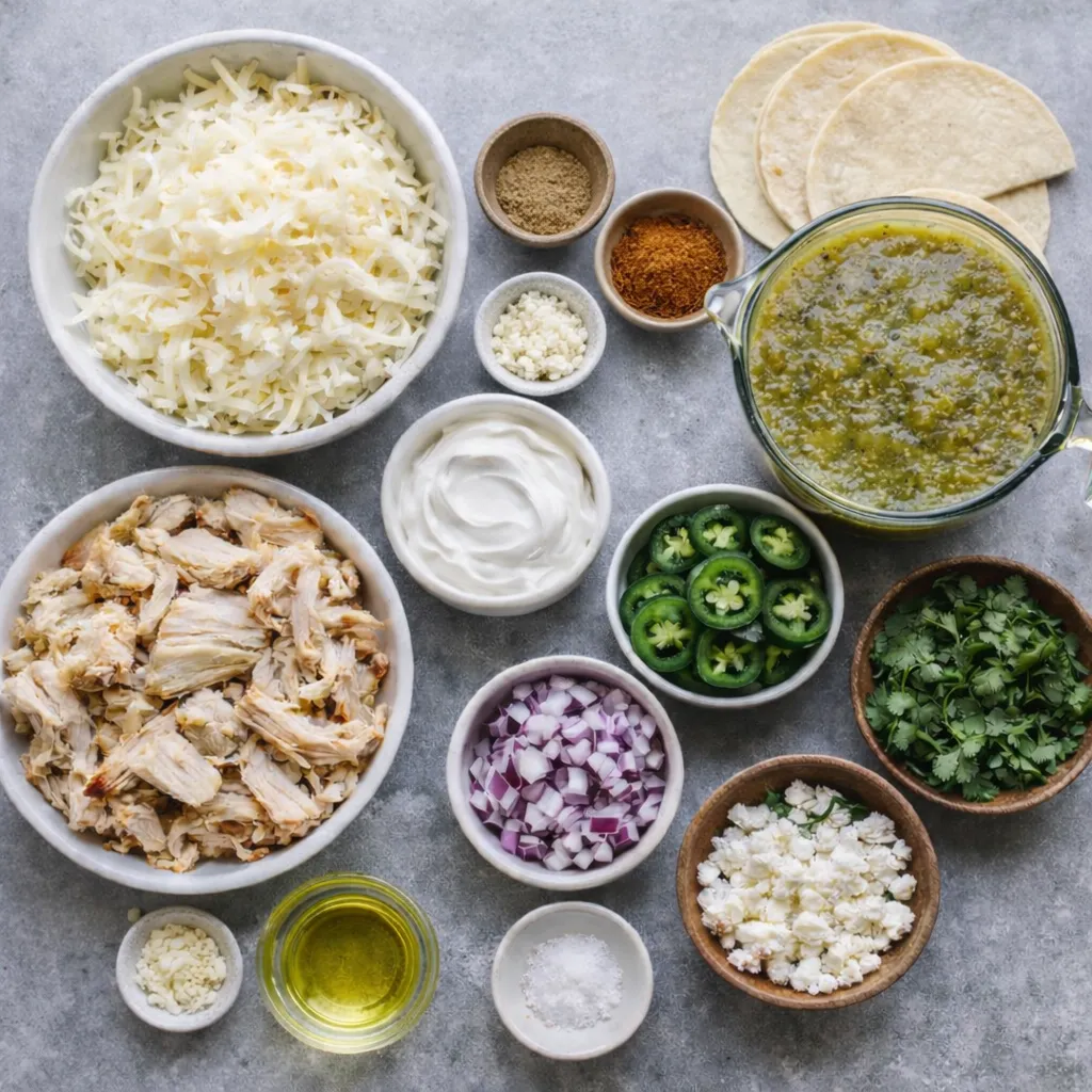 Ingredients for Salsa Verde Chicken Casserole including shredded cheese, salsa verde, sour cream, shredded chicken, tortillas, jalapeños, onion, cilantro and spices