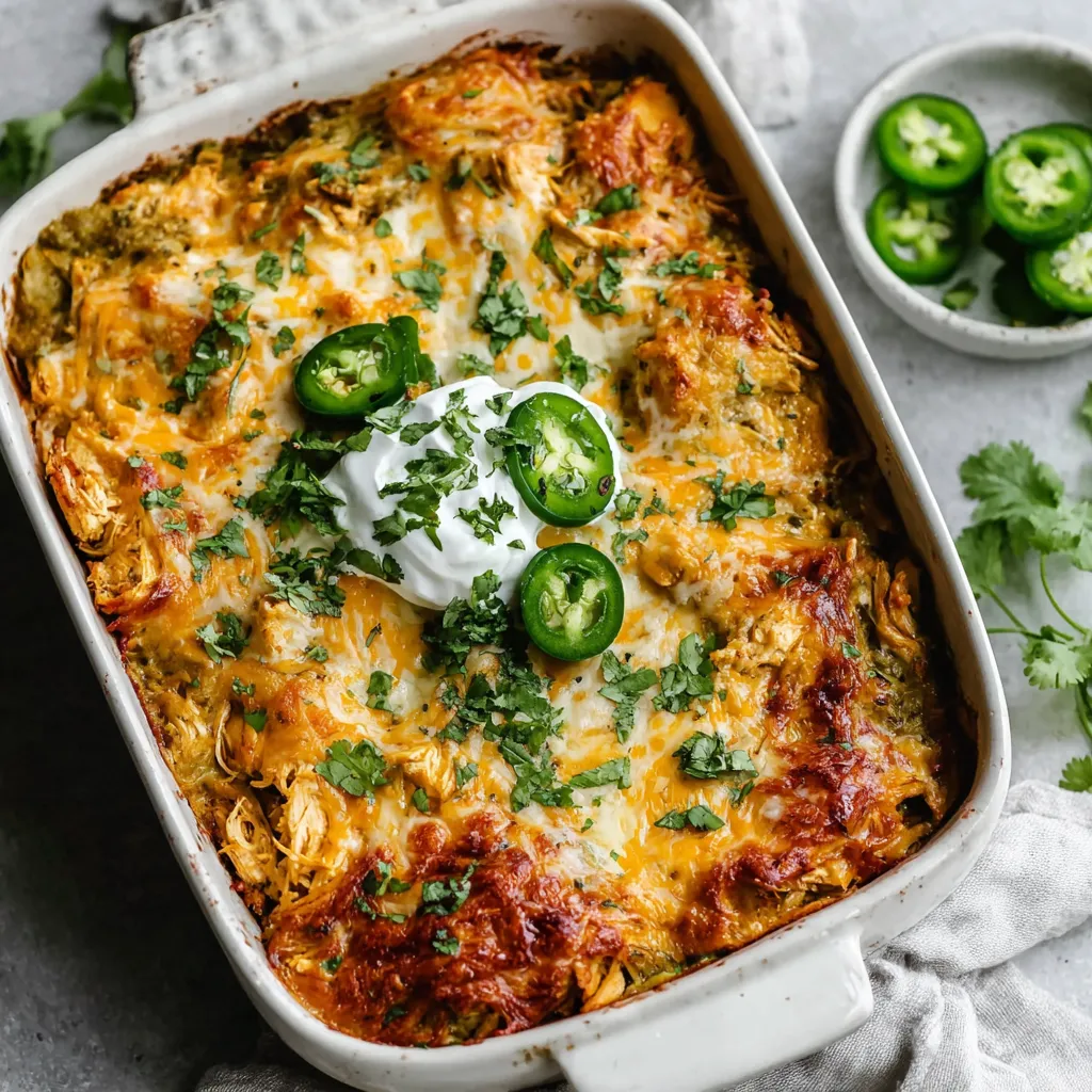 Salsa Verde Chicken Casserole baked with melted cheese, sour cream, sliced jalapeños and fresh cilantro in a white baking dish