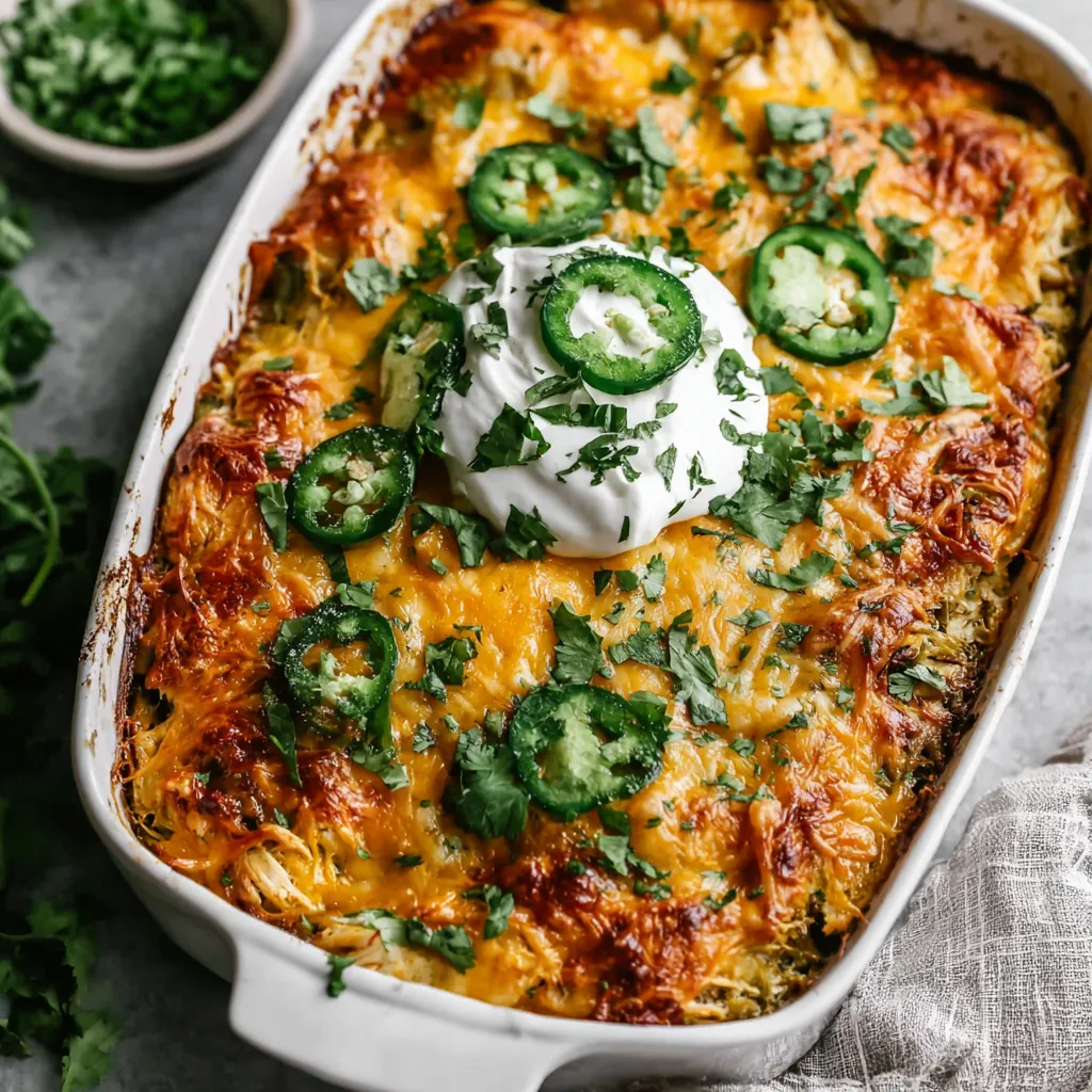 Salsa Verde Chicken Casserole topped with sour cream, sliced jalapeños, melted cheese and fresh cilantro in a white baking dish