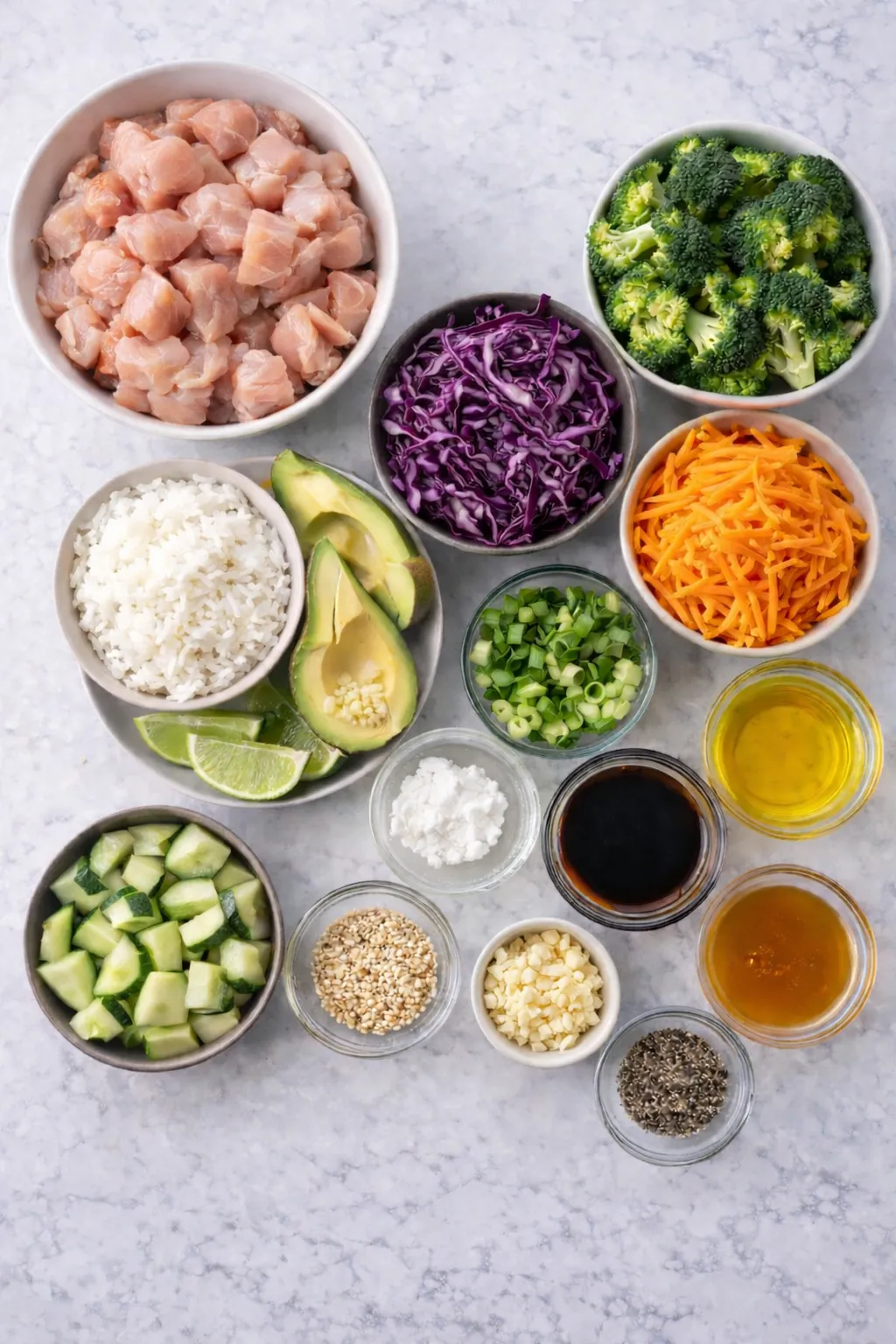 Ingredients for healthy sticky chicken bowls including diced chicken, rice, broccoli, shredded carrots, red cabbage, cucumber, avocado, garlic, soy sauce, honey, green onions, sesame seeds and lime