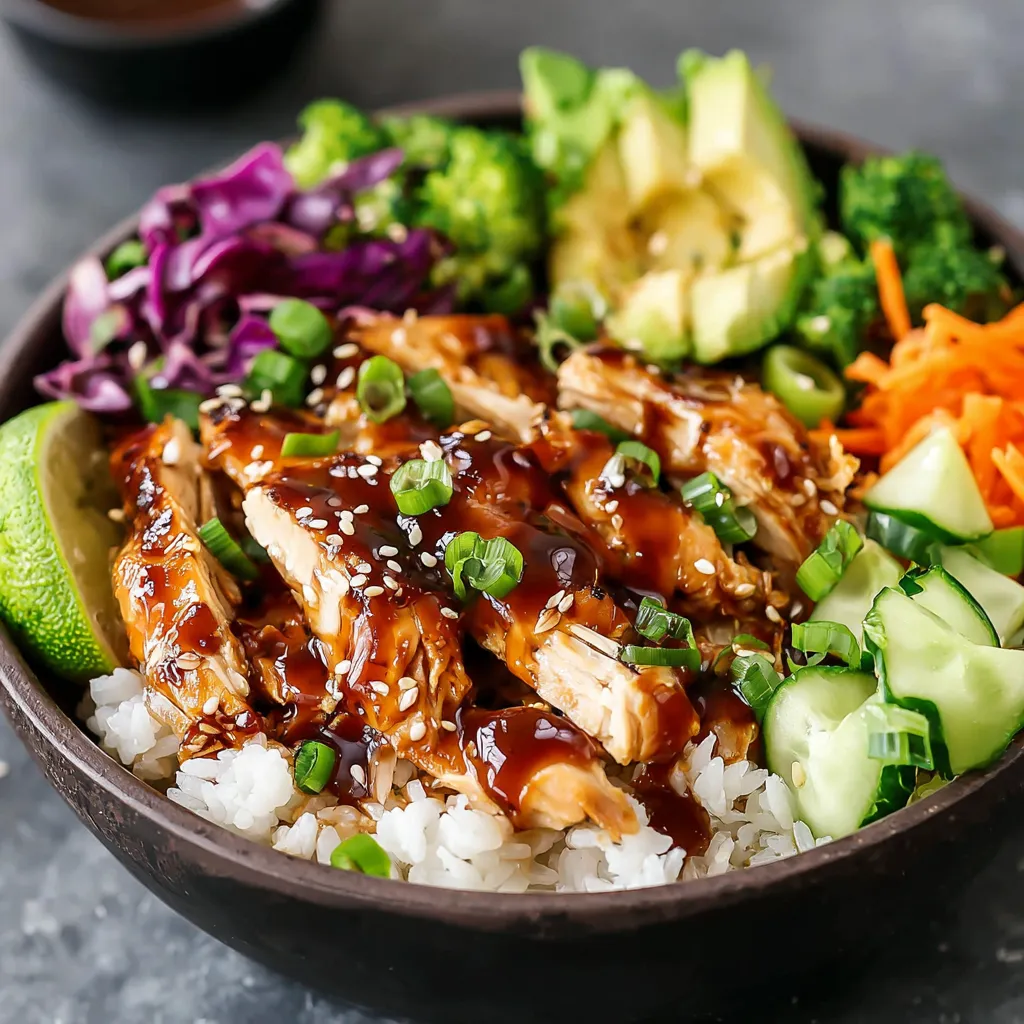 Healthy sticky chicken bowl with honey garlic glazed chicken over rice, topped with broccoli, avocado, shredded carrots, red cabbage, cucumber, green onions and sesame seeds