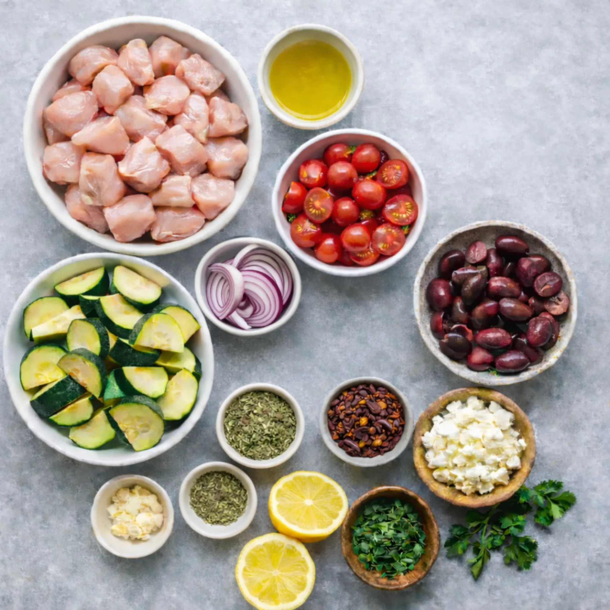 Ingredients for Mediterranean chicken recipe including raw chicken, zucchini, cherry tomatoes, red onion, kalamata olives, feta, lemon, garlic, olive oil and dried herbs arranged in bowls