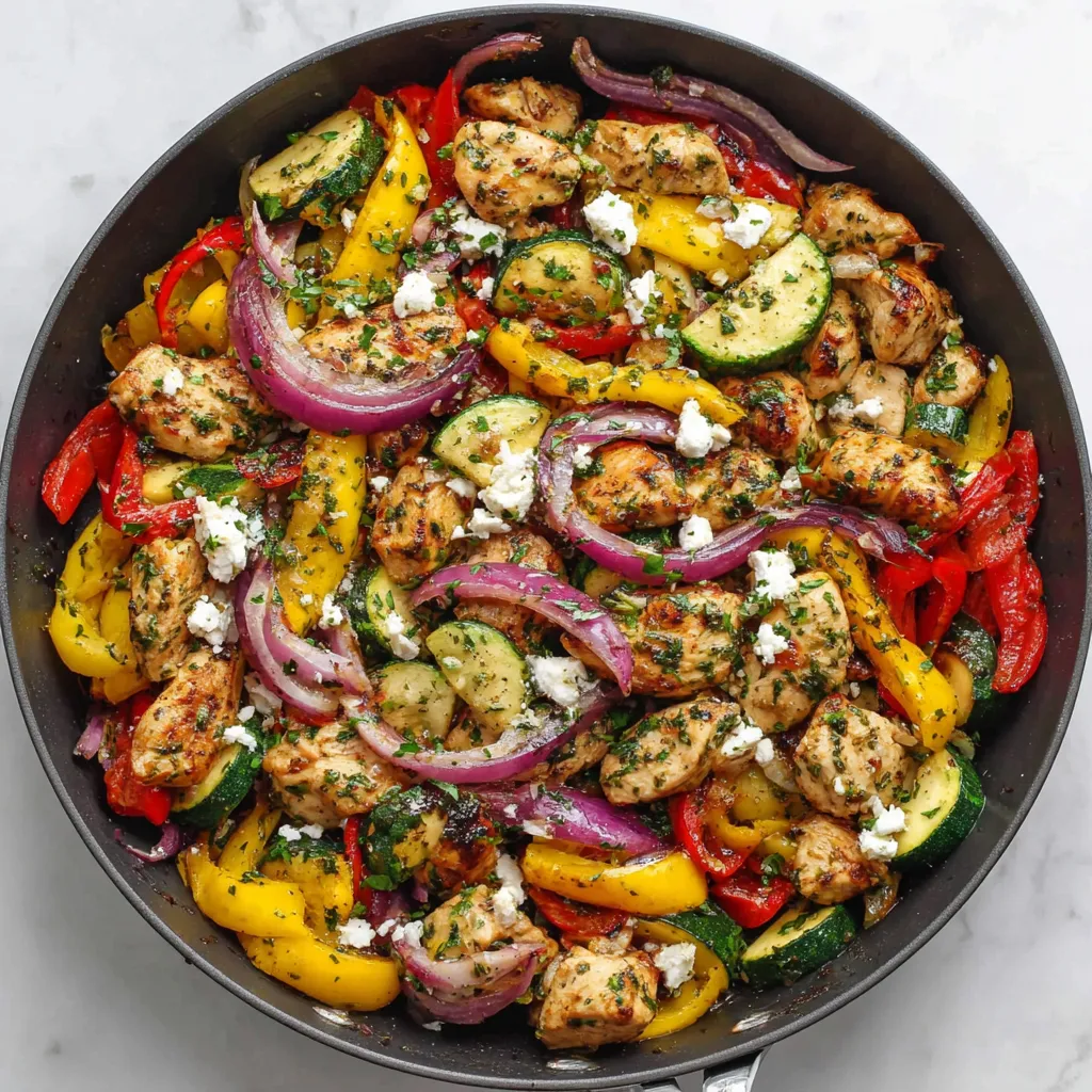 Mediterranean chicken skillet with zucchini, red bell peppers, red onion, feta cheese and fresh herbs