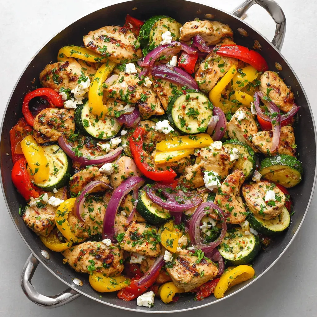 Mediterranean chicken skillet with zucchini, red bell peppers, red onion, cherry tomatoes, feta and herbs
