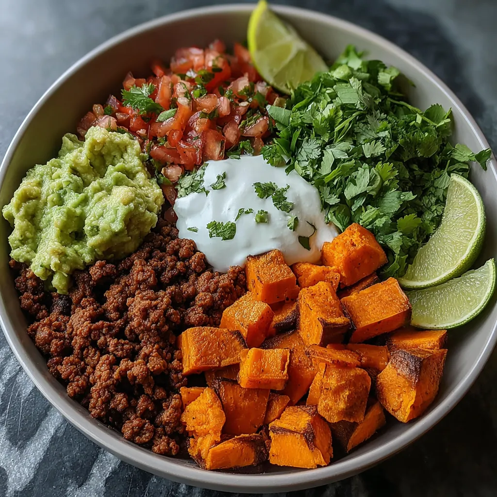Sweet potato taco bowl with roasted sweet potatoes, seasoned ground beef, guacamole, pico de gallo, sour cream, fresh cilantro, and lime wedges