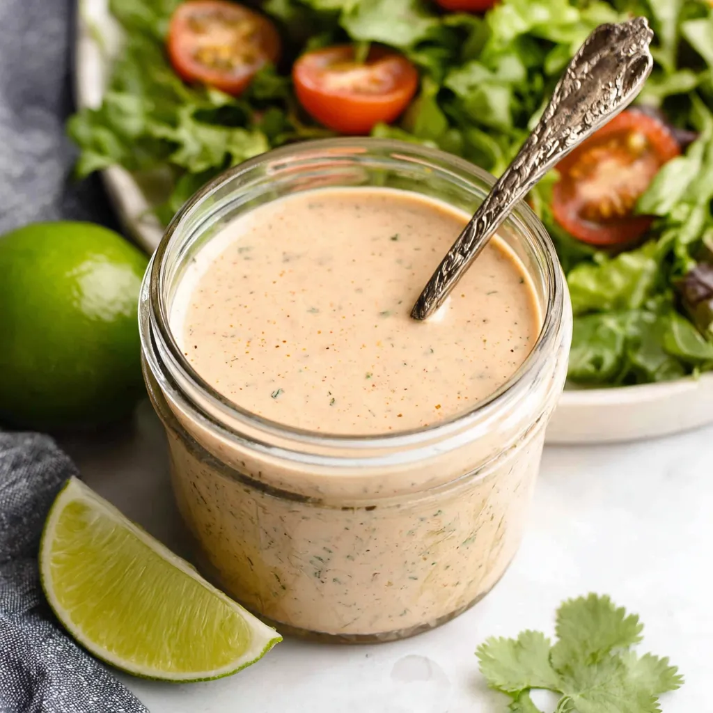 Creamy cilantro lime sauce in a glass jar with spoon, fresh lime wedge and salad in the background