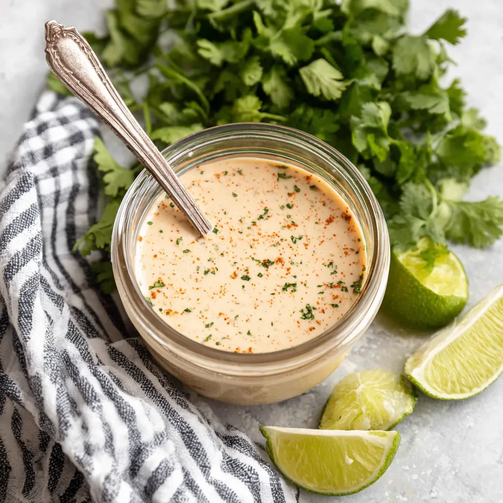 Creamy cilantro lime sauce in a glass jar with fresh lime wedges and chopped cilantro