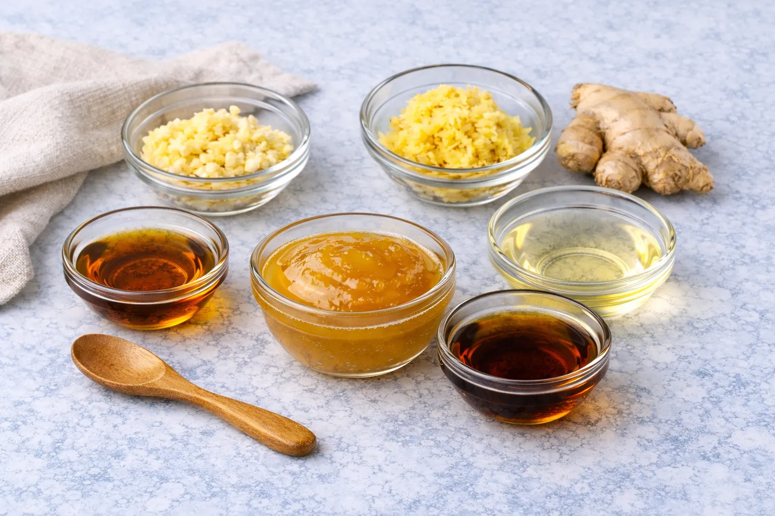 Ingredients for Asian sesame ginger dressing with honey, soy sauce, oils, garlic and fresh ginger on light background