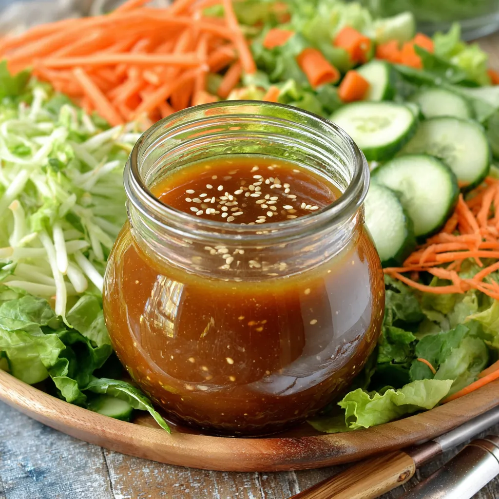 Asian sesame ginger salad dressing in a glass jar with fresh salad vegetables and sesame seeds
