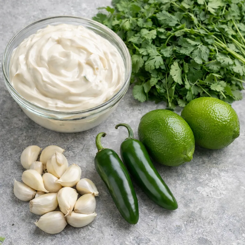Ingredients for creamy cilantro lime sauce including mayonnaise, fresh cilantro, limes, jalapeños, and garlic on a light surface
