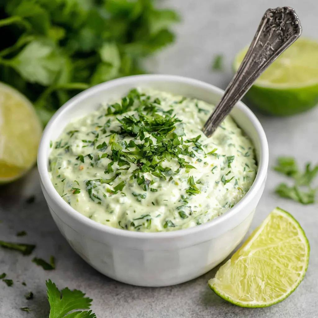 Creamy cilantro lime sauce in a white bowl topped with fresh chopped cilantro and served with lime wedges