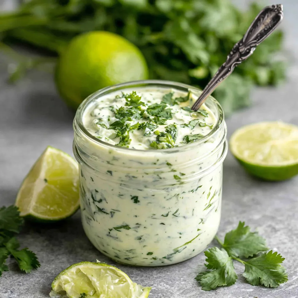 Creamy cilantro lime sauce in a glass jar with fresh cilantro, lime wedges, and spoon on a light background