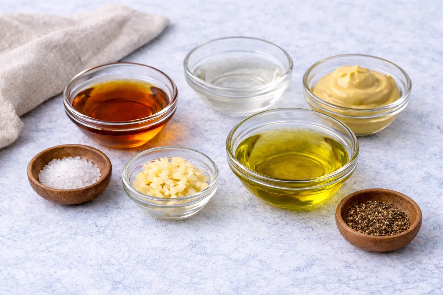 Ingredients for maple Dijon dressing: olive oil, apple cider vinegar, maple syrup, Dijon mustard, minced garlic, kosher salt, and black pepper in small bowls on a light surface