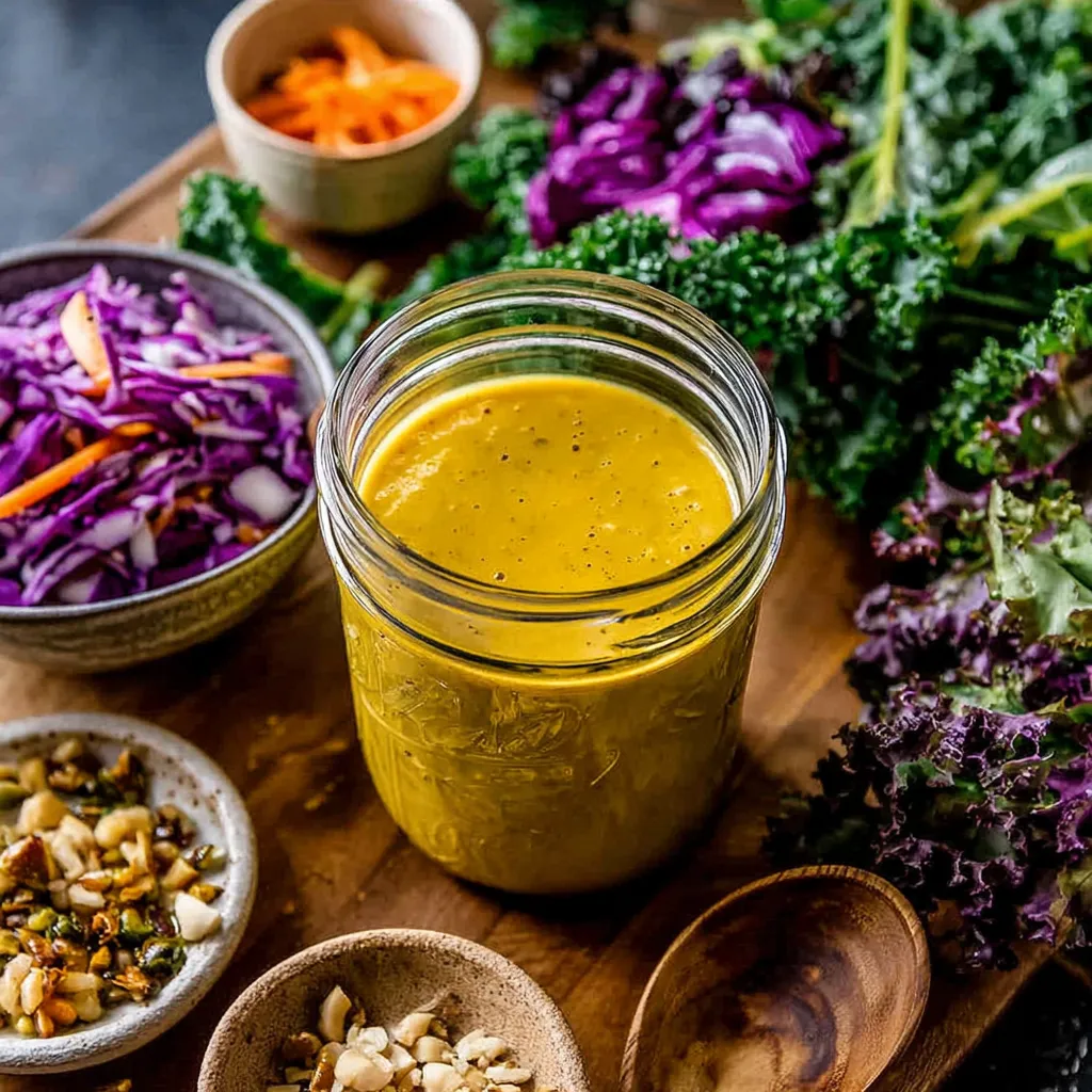 Maple Dijon dressing in a glass jar served with kale salad, red cabbage, shredded carrots, and mixed seeds on a wooden board