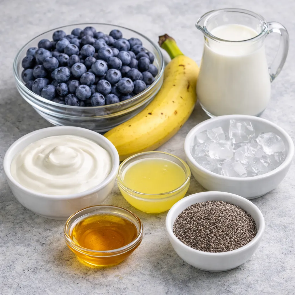 Lemon blueberry smoothie ingredients displayed on a kitchen surface including fresh blueberries, banana, almond milk, yogurt, lemon juice, honey, chia seeds and ice cubes