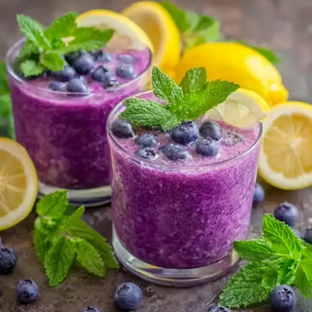 Creamy lemon blueberry smoothie served in glasses with fresh blueberries, mint leaves, and lemon slices on a rustic surface