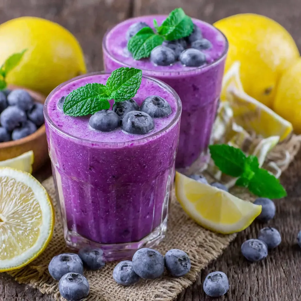 Lemon blueberry smoothie in two glasses topped with fresh blueberries and mint, with lemons and blueberries on the table