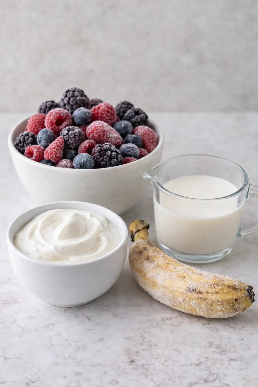 Frozen mixed berry smoothie ingredients including frozen banana, Greek yogurt, milk and mixed berries
