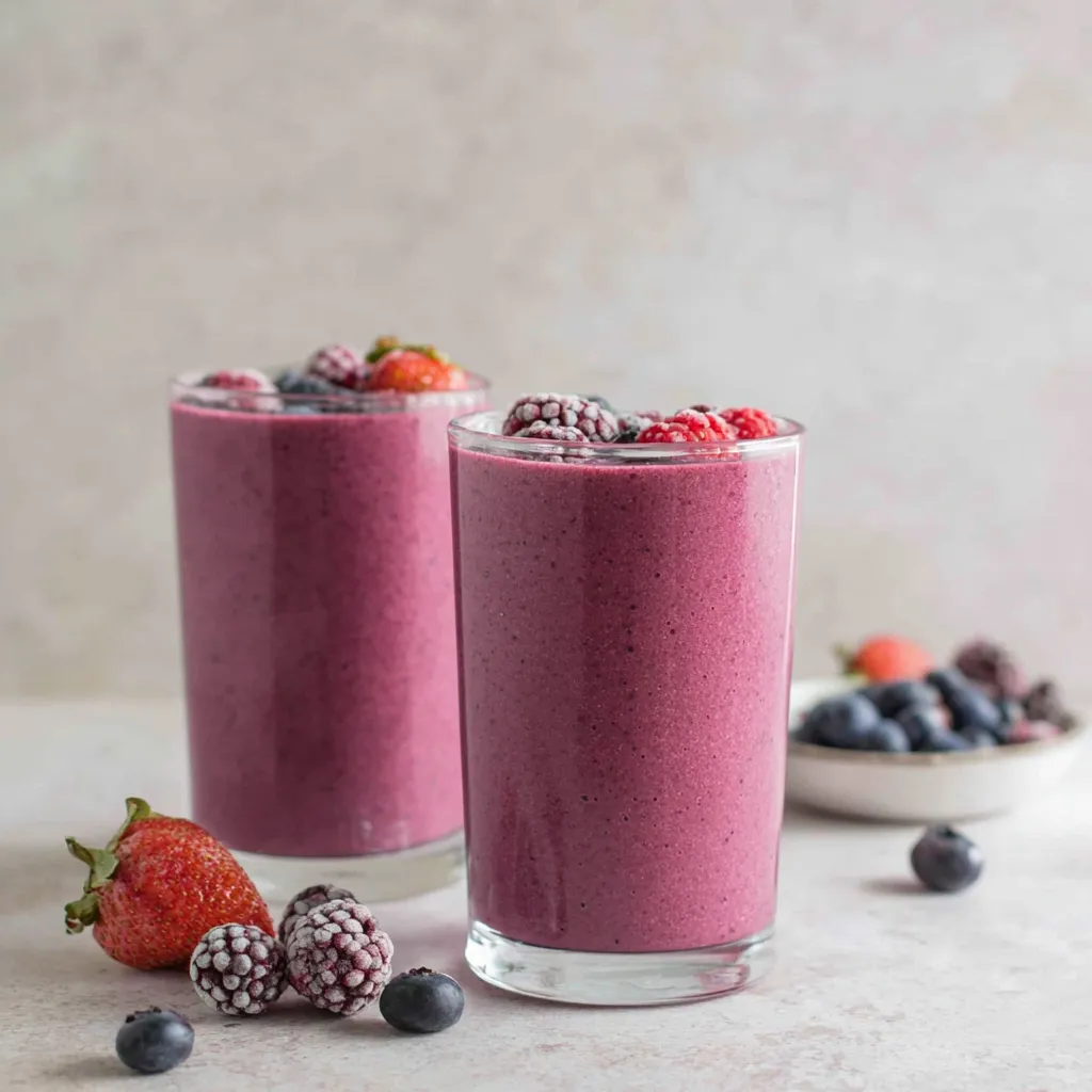 Frozen mixed berry smoothie in glasses made with banana, Greek yogurt and milk