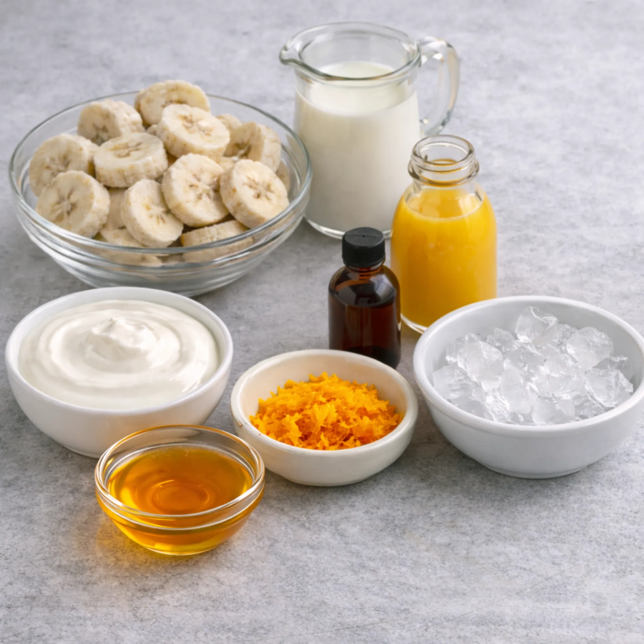 Ingredients for orange creamsicle smoothie including banana slices, yogurt, orange juice, milk, honey, vanilla extract, orange zest and ice