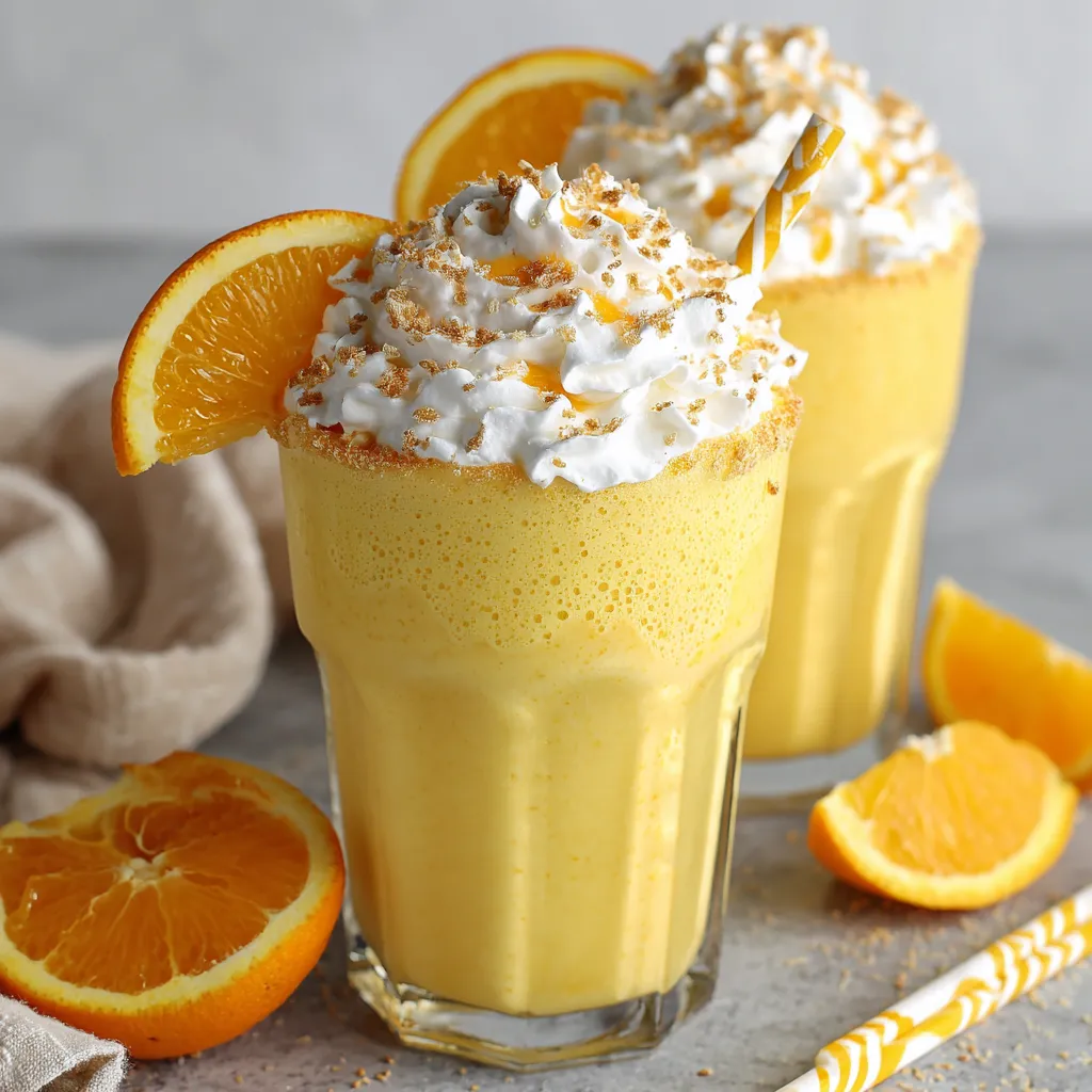 Creamy orange creamsicle smoothie with whipped cream, orange garnish and striped straw