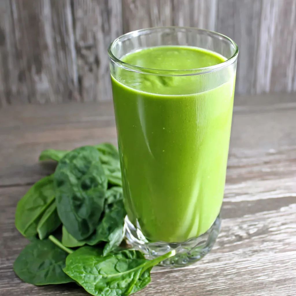 Everyday green smoothie made with spinach, banana, mango and water in a glass