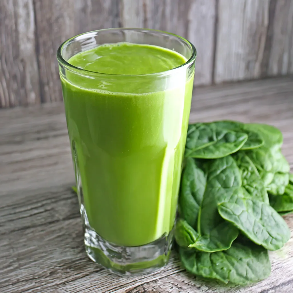 Green smoothie made with spinach, banana and mango served in a glass on a wooden surface
