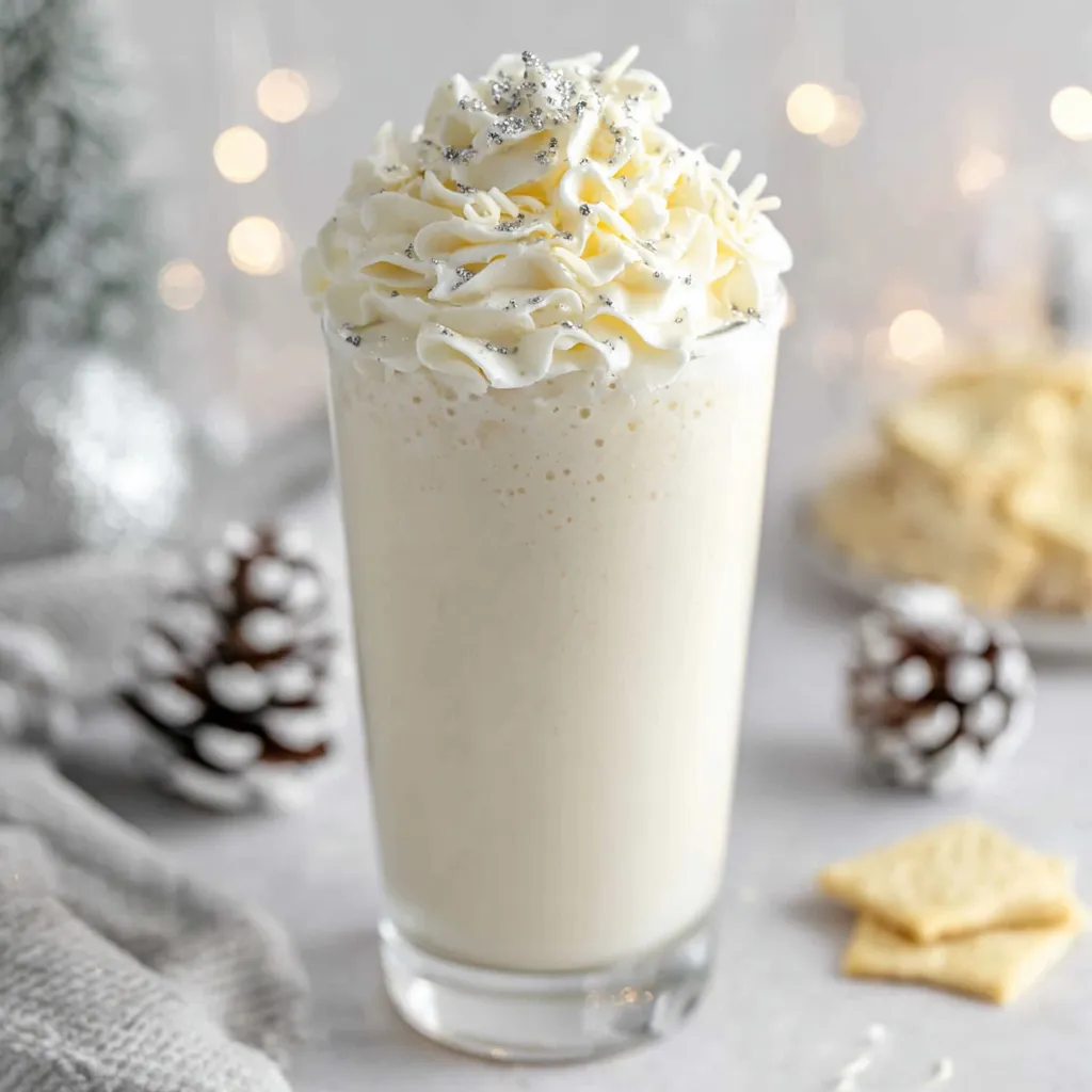 Winter Wonderland Smoothie topped with whipped cream, white chocolate shavings and silver sprinkles in a tall glass