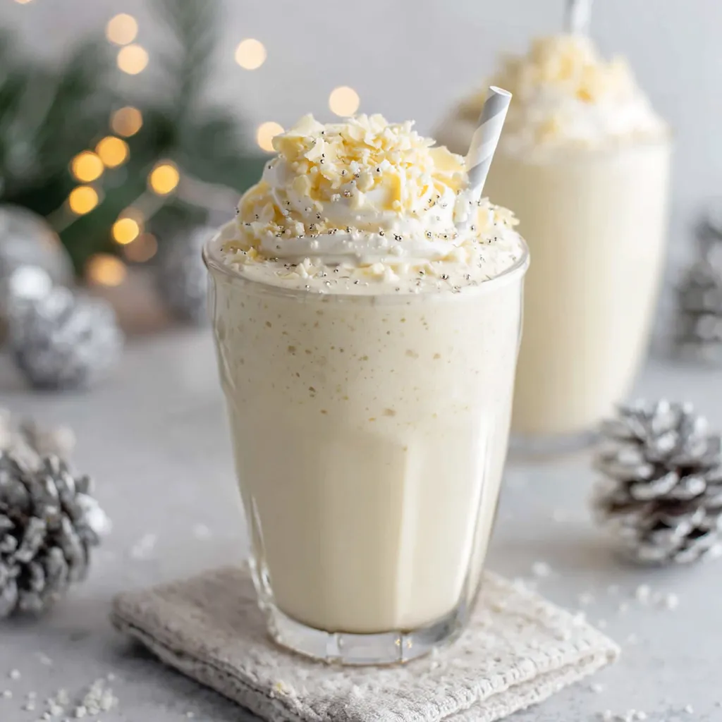 Winter Wonderland Smoothie topped with whipped cream, white chocolate shavings and coconut in a glass
