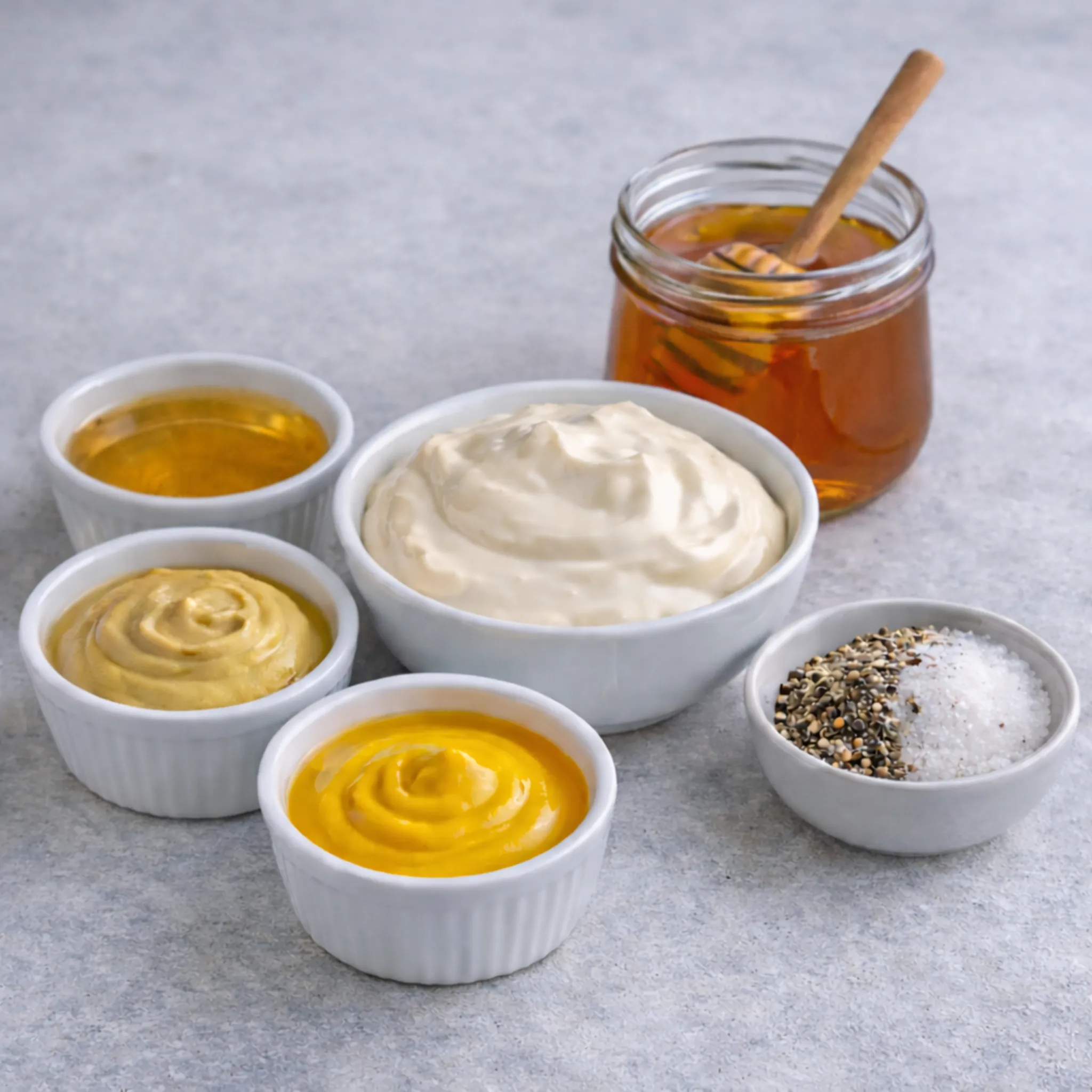 Ingredients for Creamy Honey Mustard Sauce including mayonnaise, Dijon mustard, yellow mustard, honey, apple cider vinegar, salt and black pepper