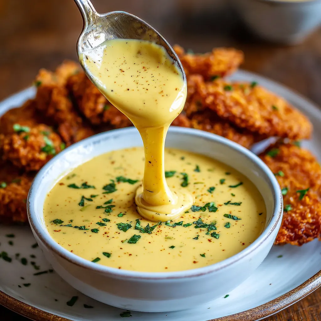 Creamy Honey Mustard Sauce served in a bowl with a spoon dipping into the sauce