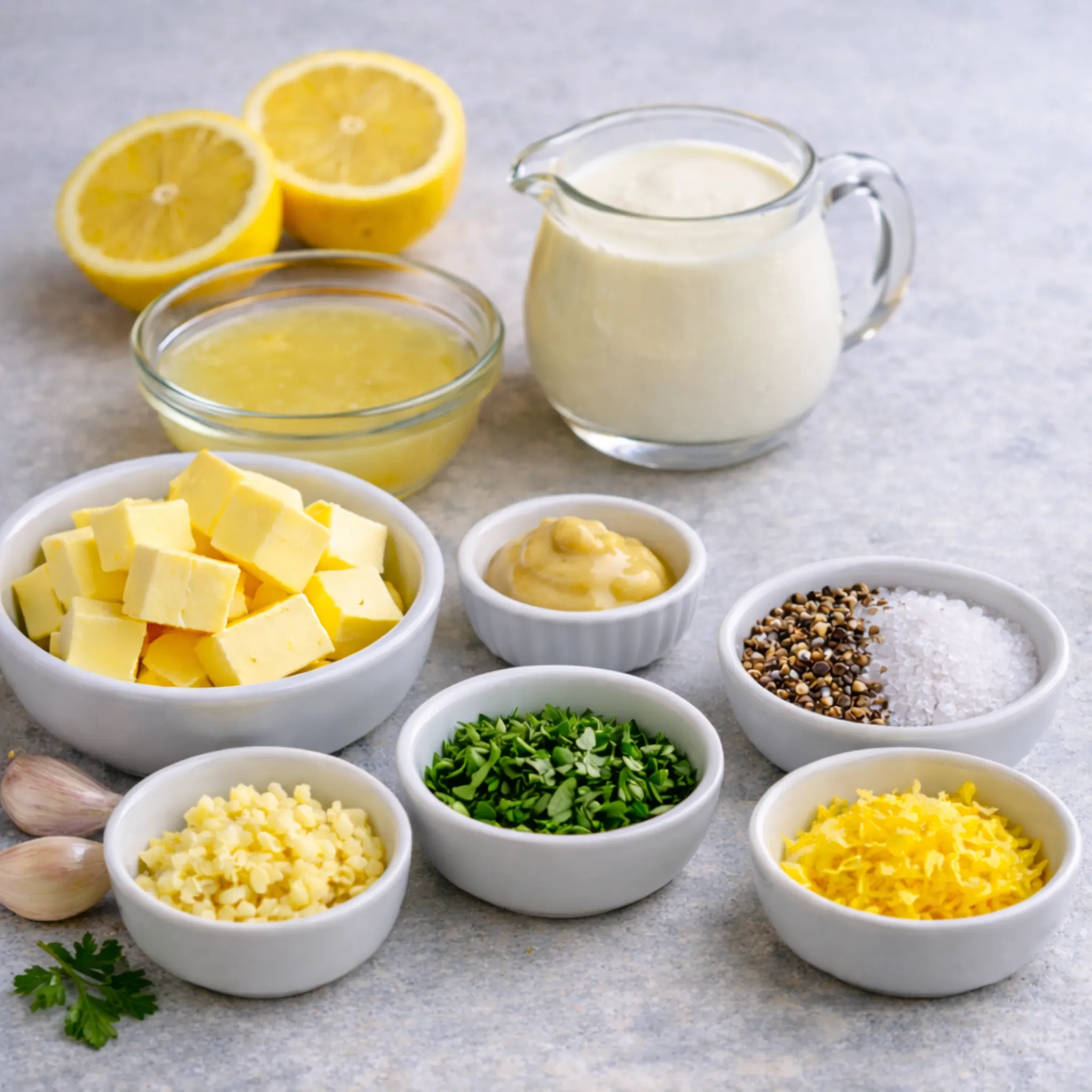 Ingredients for creamy lemon butter sauce including butter, garlic, heavy cream, lemon juice, Dijon mustard, parsley, salt, black pepper, and lemon zest