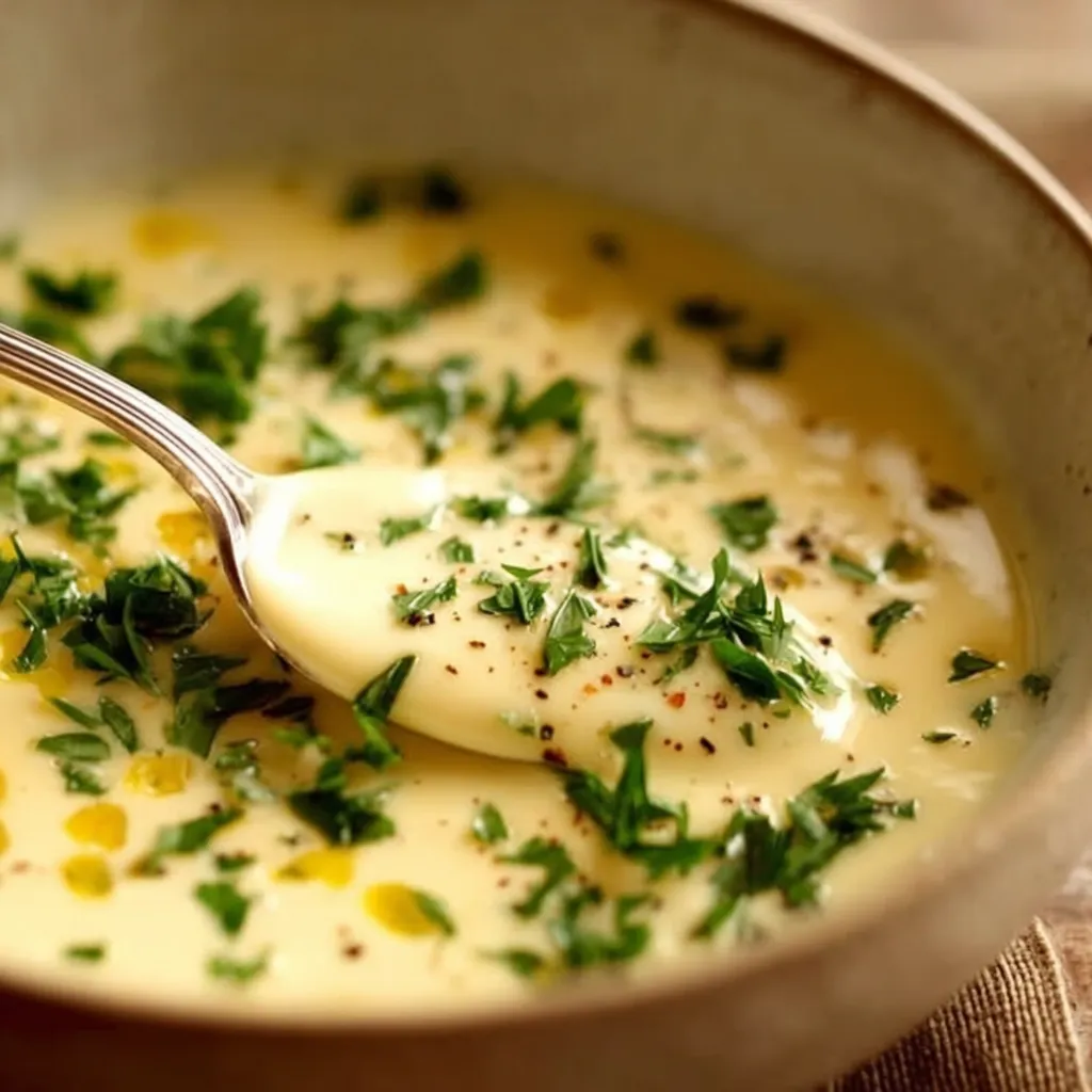 Creamy lemon butter sauce with garlic, parsley, and black pepper served in a small bowl
