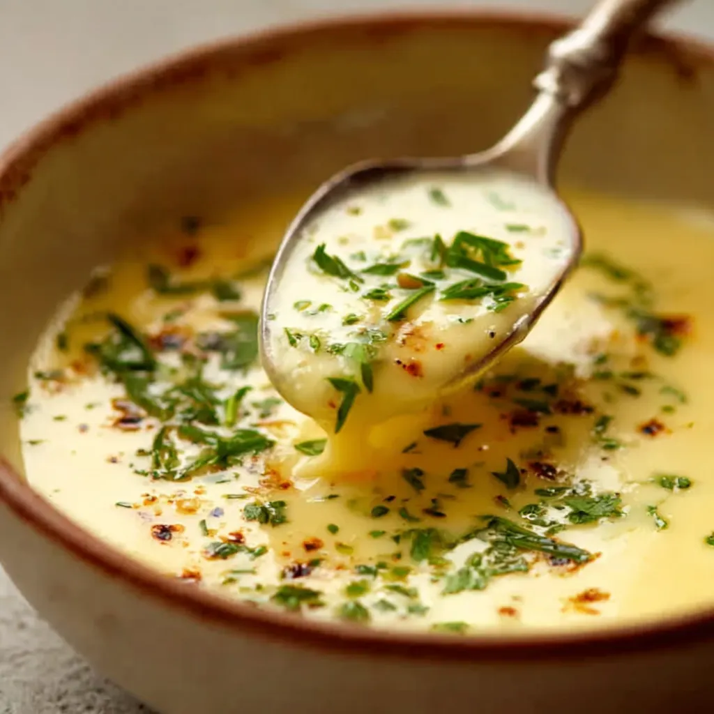 Creamy lemon butter sauce with parsley and black pepper served in a bowl with a spoon