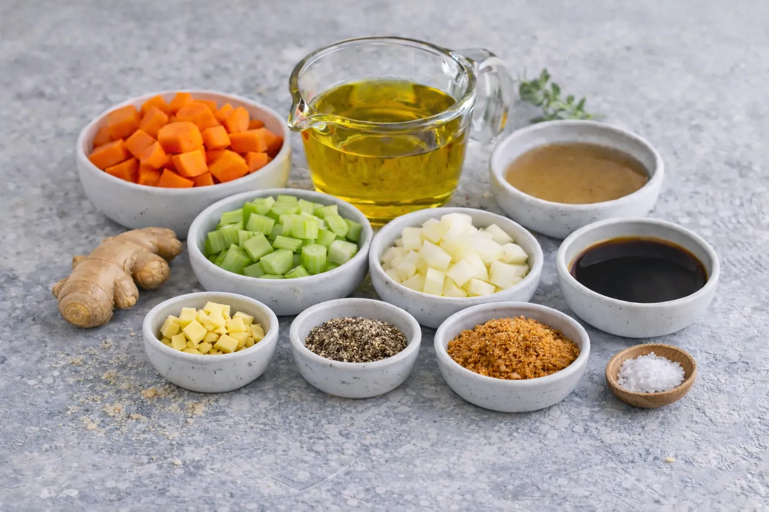 Ingredients for Japanese ginger salad dressing including carrots, celery, onion, fresh ginger, avocado oil, coconut aminos, rice vinegar, coconut sugar, sea salt and black pepper.