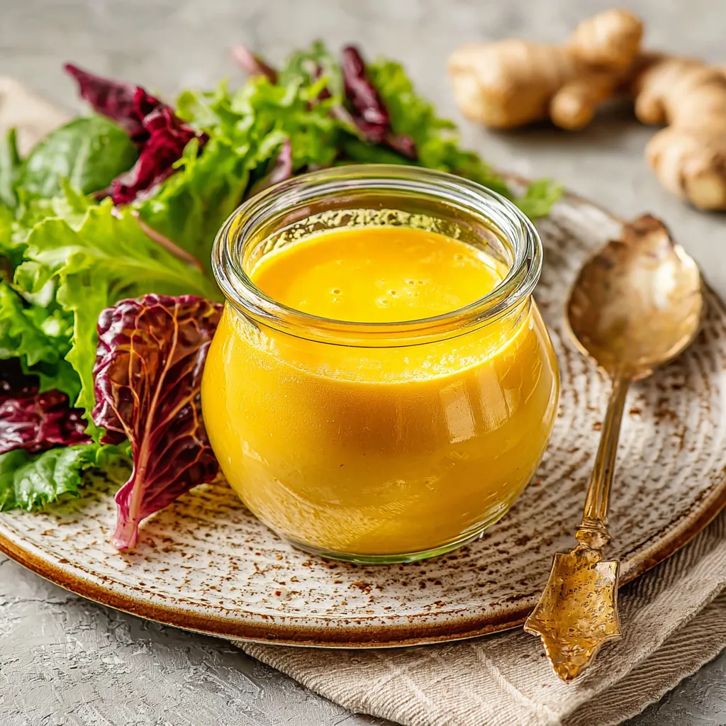 Japanese ginger salad dressing in a glass jar served with fresh mixed greens and ginger root on a rustic plate