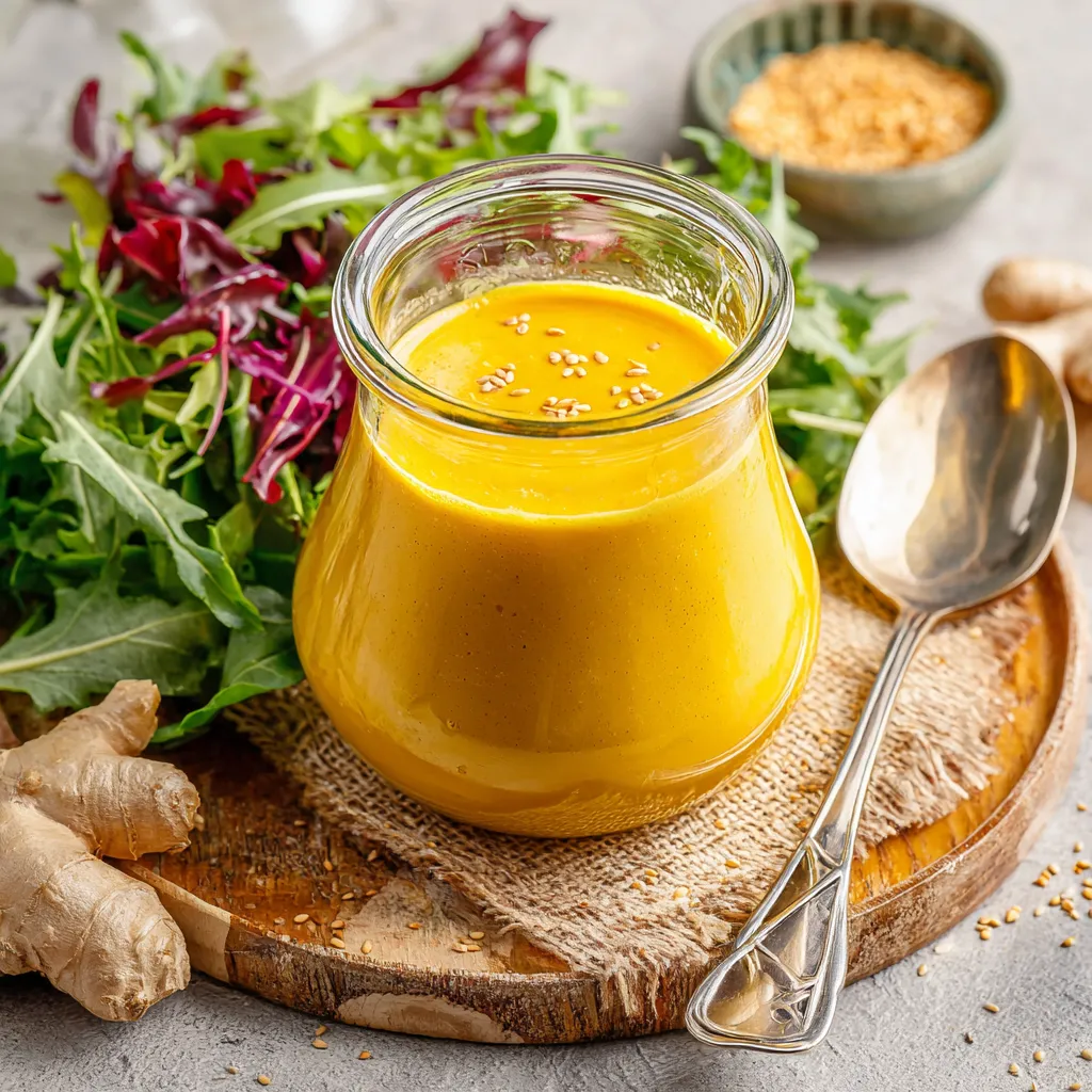 Japanese ginger salad dressing served in a glass jar with sesame seeds, fresh ginger and mixed greens in the background