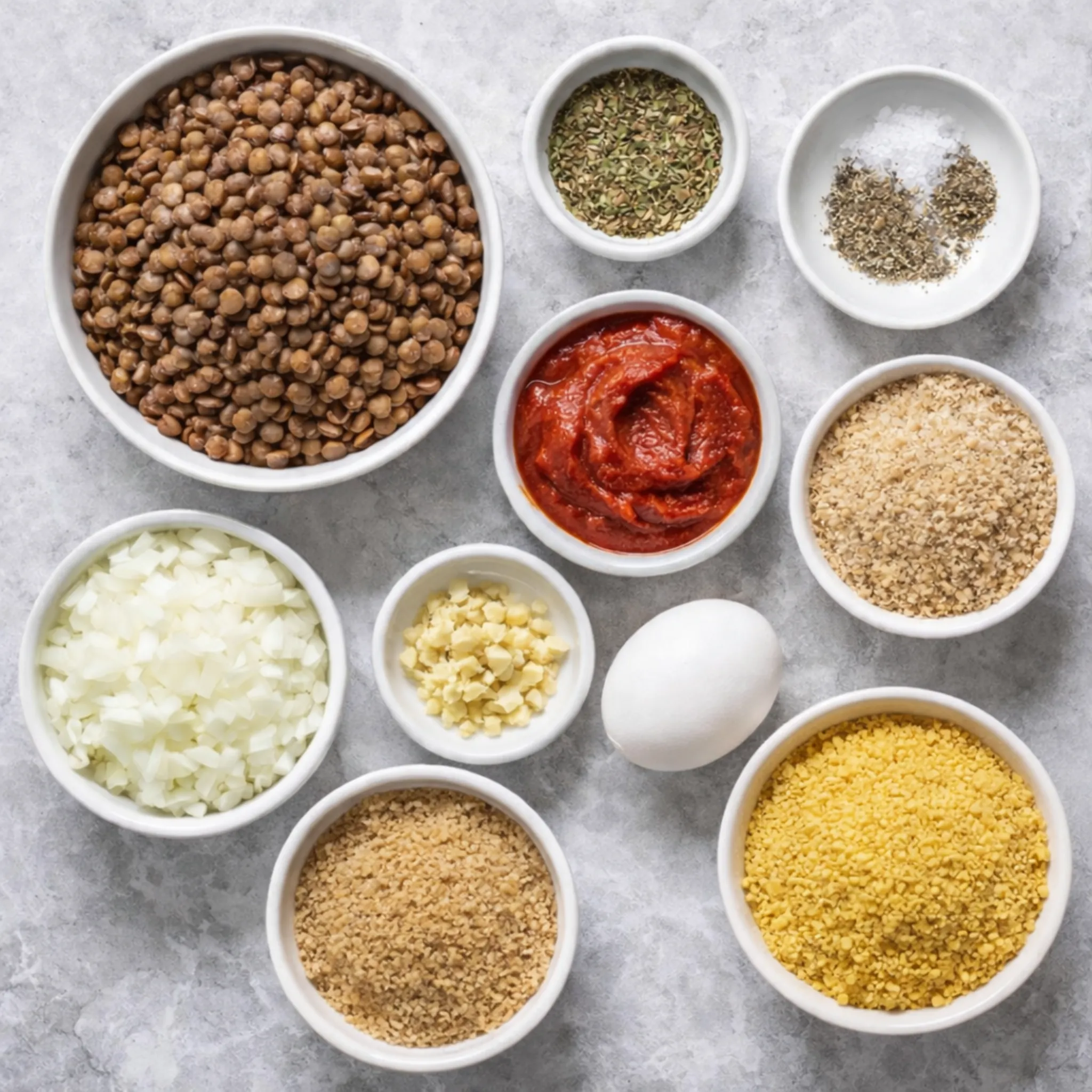 Ingredients for baked lentil meatballs arranged in bowls including lentils, onion, garlic, egg, breadcrumbs, tomato paste and seasonings