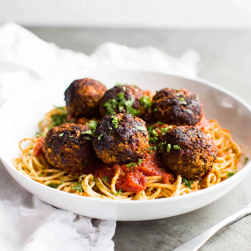 Baked lentil meatballs served on spaghetti with tomato sauce in a white bowl