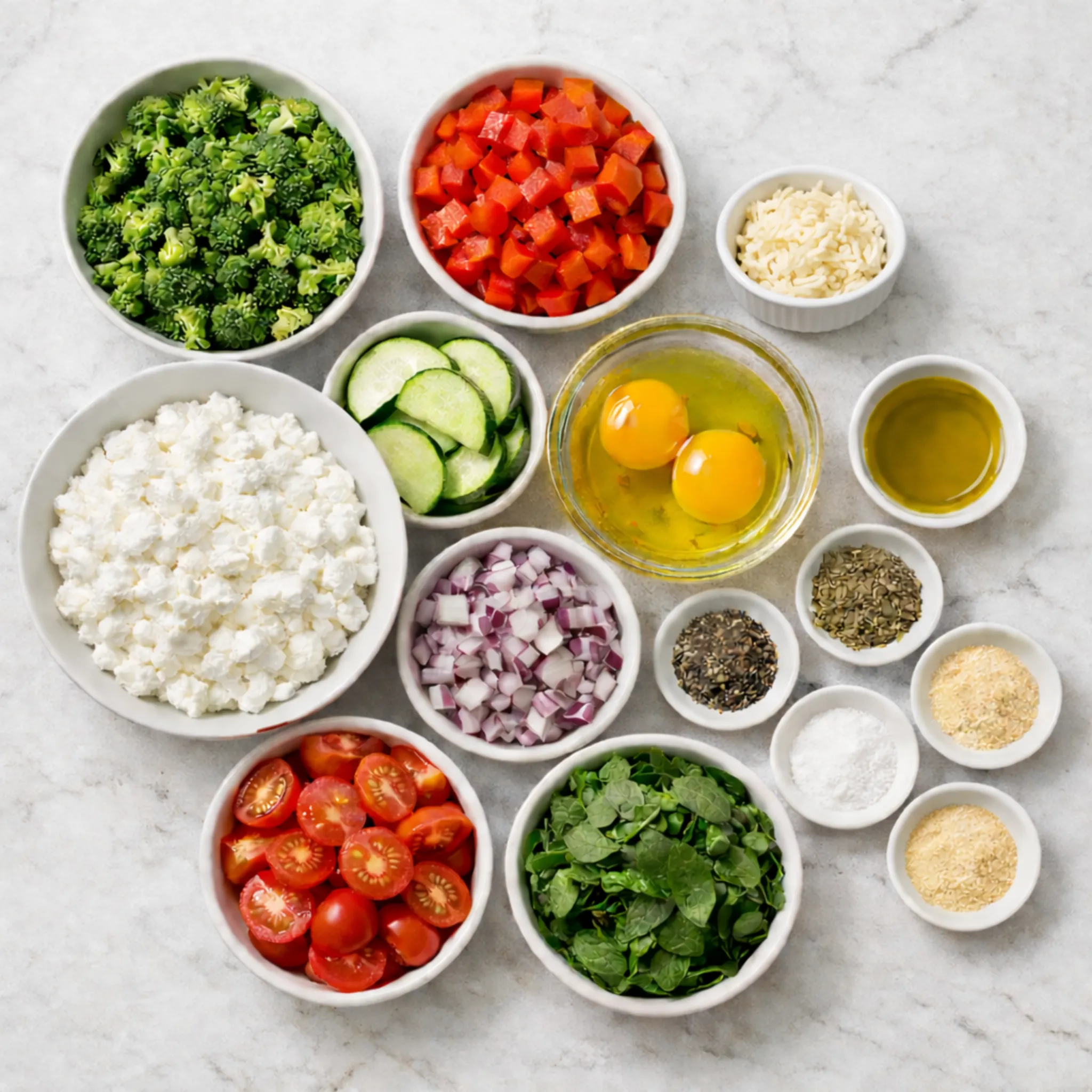 Ingredients for veggie bake with cottage cheese including broccoli, bell pepper, zucchini, cherry tomatoes, eggs, spices and olive oil