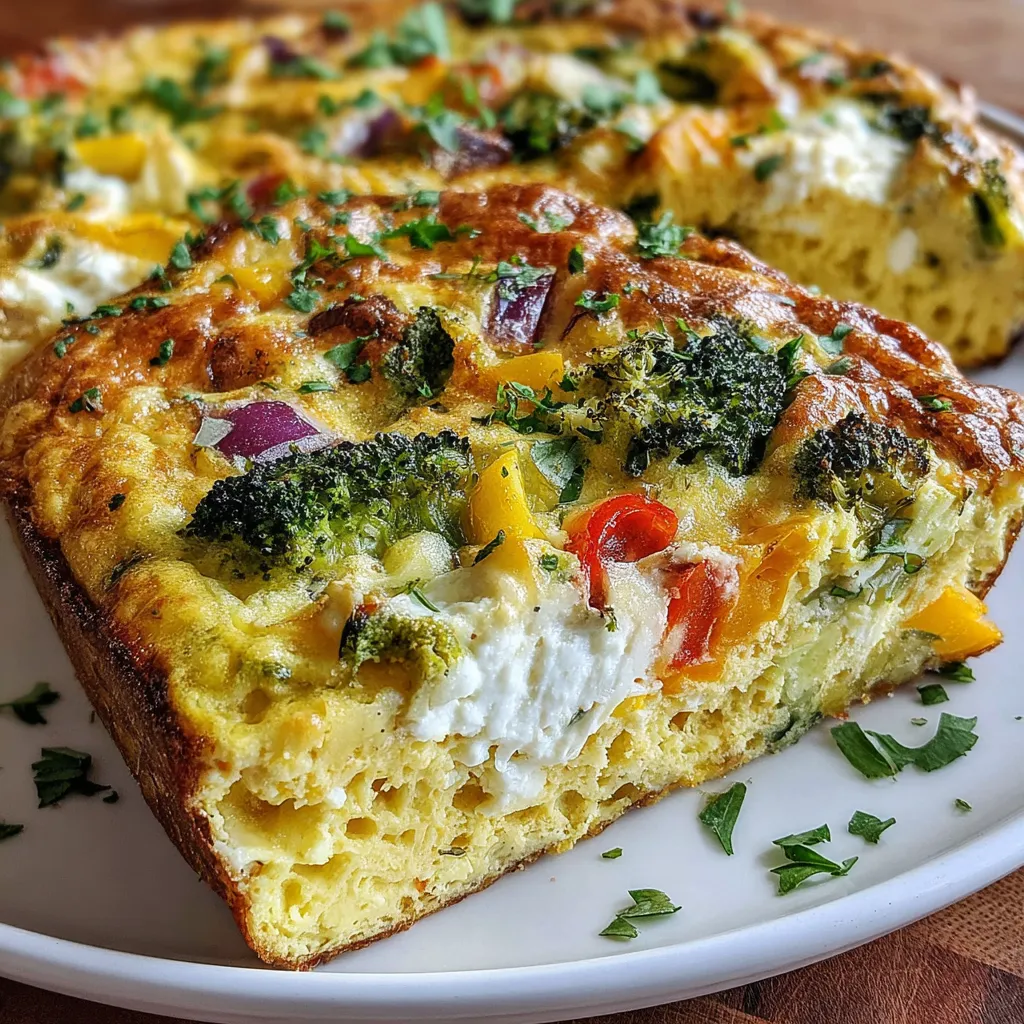 Veggie bake with cottage cheese sliced on a plate, made with broccoli, cherry tomatoes, red onion, zucchini and eggs