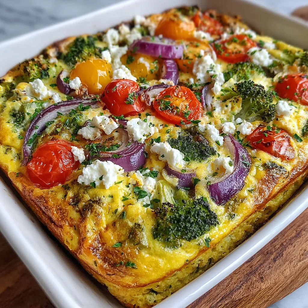 Veggie bake with cottage cheese made with broccoli, cherry tomatoes, red onion, zucchini and melted cheese in a white baking dish