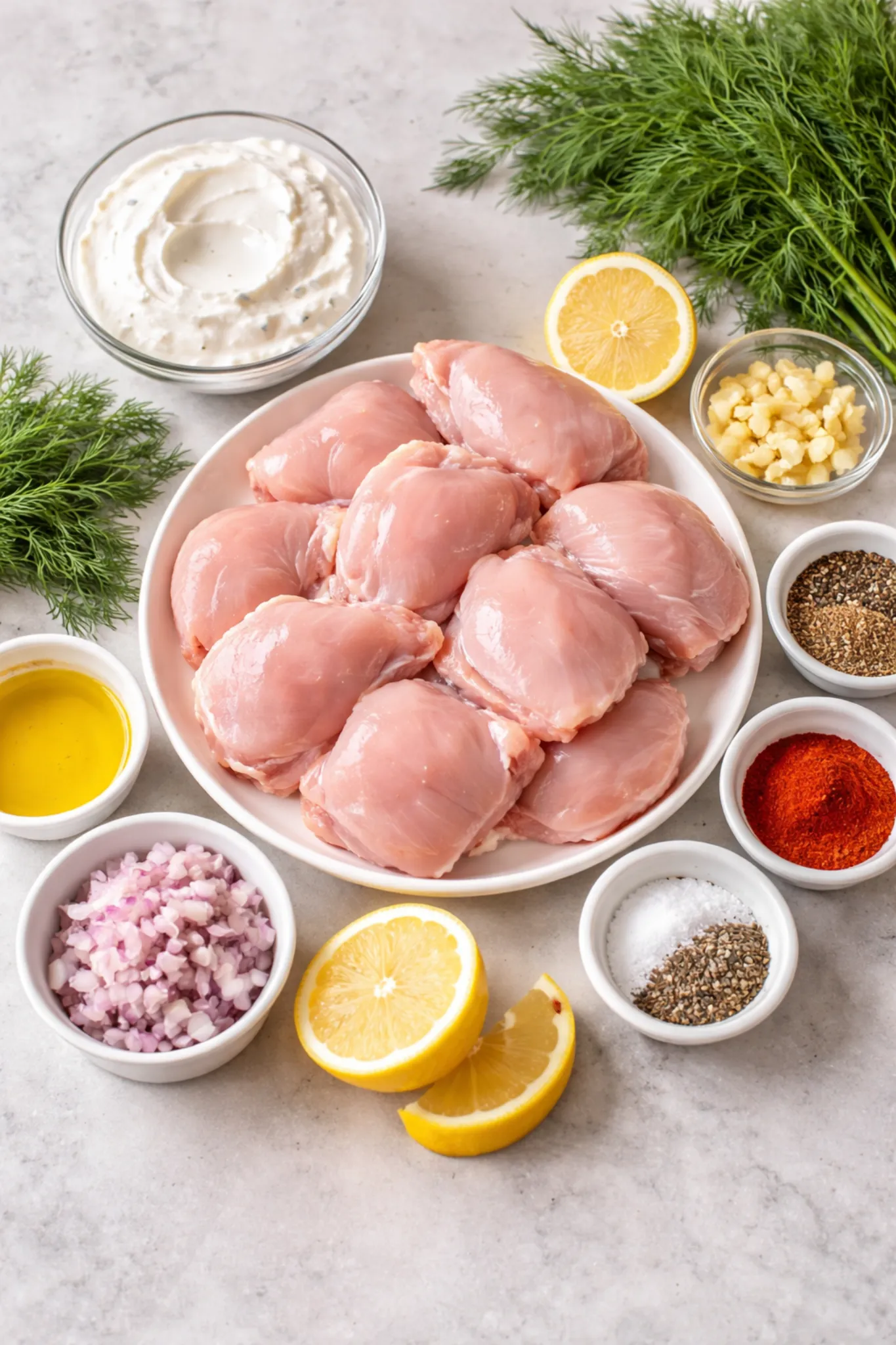 Ingredients for Greek yogurt marinated chicken including raw chicken thighs, Greek yogurt, lemon, dill, garlic, shallot, and spices
