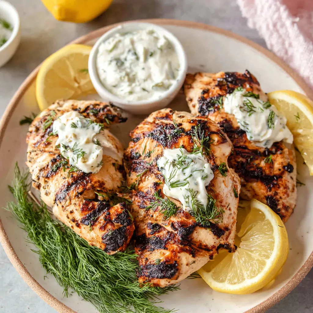 Greek yogurt marinated chicken thighs grilled and served with lemon slices, fresh dill, and creamy yogurt sauce on a plate