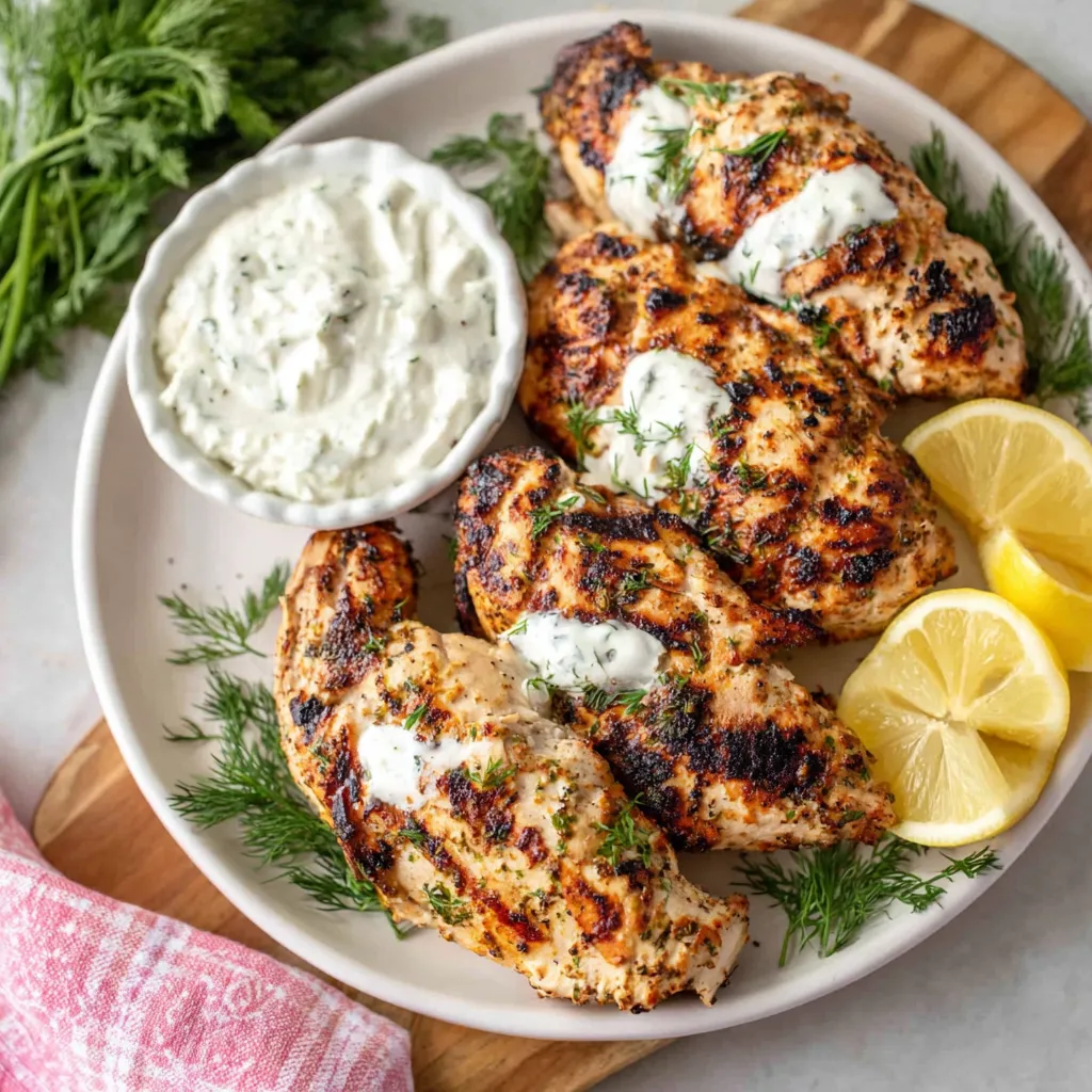 Greek yogurt marinated chicken thighs grilled and served with lemon wedges, fresh dill, and yogurt sauce on a white plate