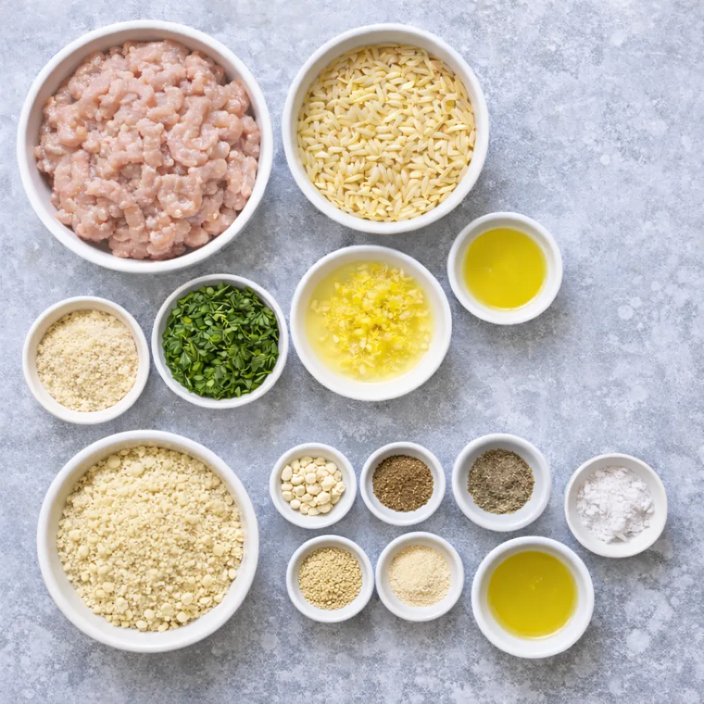 Ingredients for Greek chicken meatballs with orzo in bowls