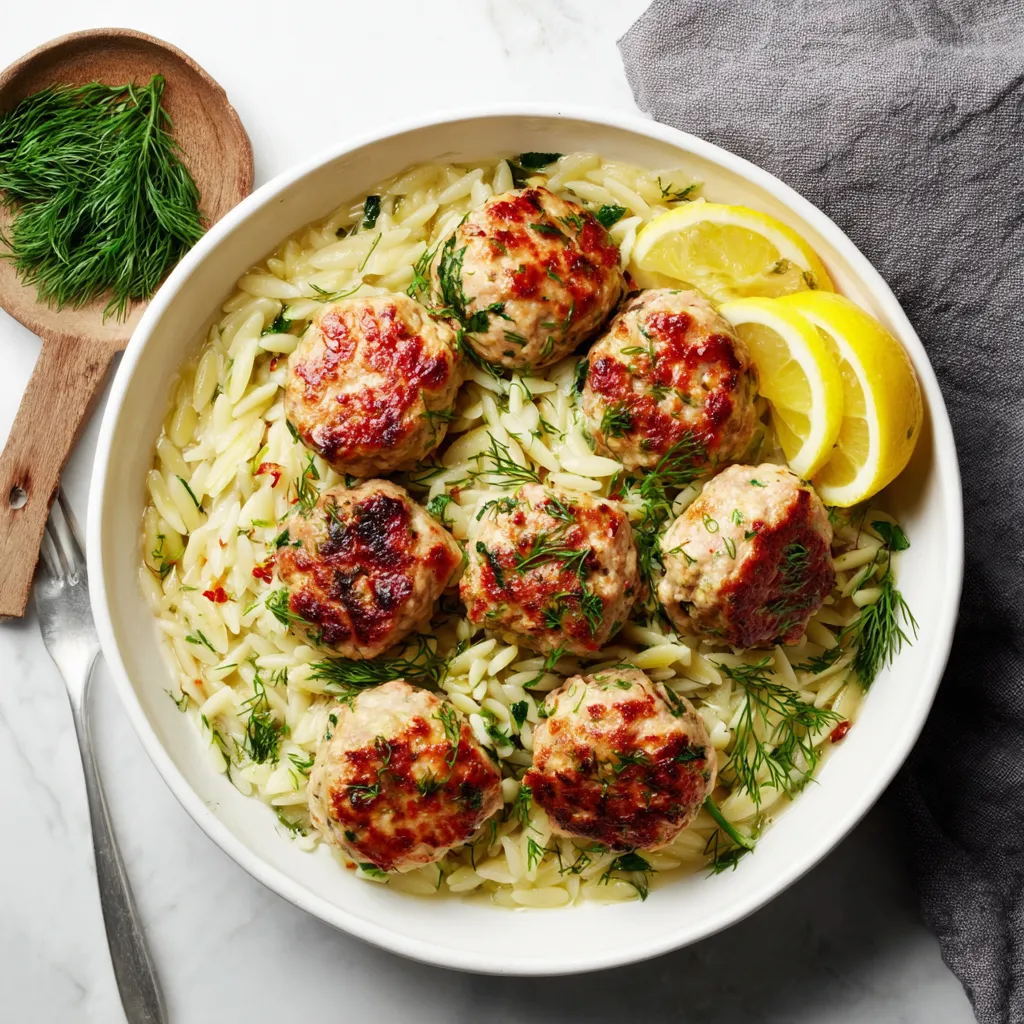 Greek chicken meatballs and lemon orzo with herbs